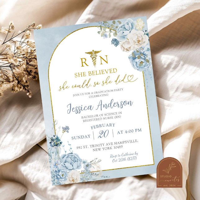 Nurse Dusty Blue Blommigt Studenten Inbjudningar (Skapare uppladdad)