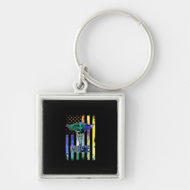 Nurse Gift | Nurse American Flagga Fyrkantig Silverfärgad Nyckelring (Framsidan)