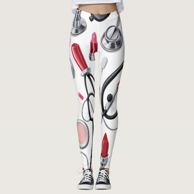 Nurse Glam – Stethoscope & Lipstick Pattern  Leggings (Framsida)
