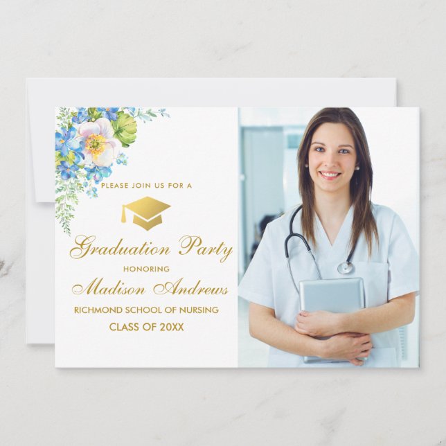 Nurse Guld Blue Blommigt Grad Party Inbjudan (Framsida)