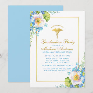 Nurse Guld Blue Blommigt Grad Party Inbjudan BG
