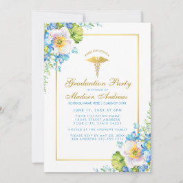 Nurse Guld Blue Blommigt Grad Party Inbjudan G