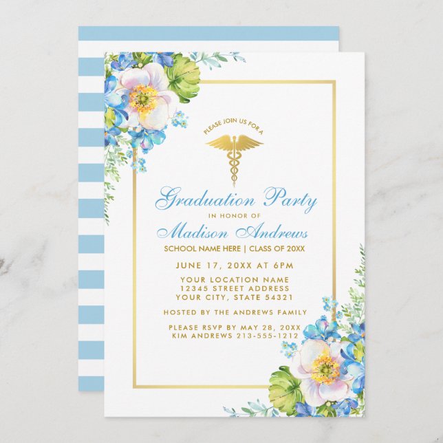 Nurse Guld Blue Blommigt Grad Party Inbjudan S (Fram/baksida)