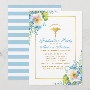 Nurse Guld Blue Blommigt Grad Party Inbjudan S