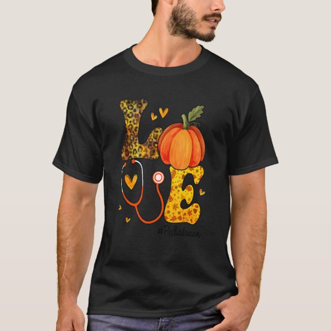 Nurse Leopard Pumpkin Thanksgiving Love Pediatrici T Shirt (Framsida)