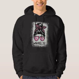 Nurse Life Bleached Rosa Leopard Messy Bun Nurse Hoodie