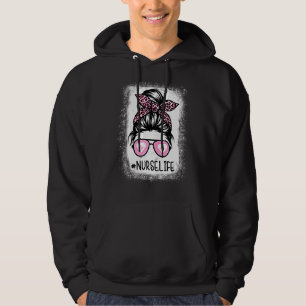 Nurse Life Bleached Rosa Leopard Messy Bun Nurse W Hoodie