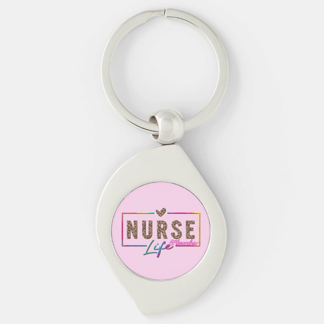 "Nurse Life" i Elegant Rainbow Färg Swirl Silverfärgad Nyckelring (Framsidan)