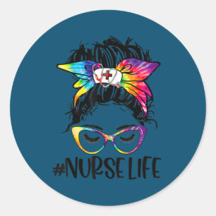 Nurse Life Messy Bun Tie Dye Glasses Bandana Runt Klistermärke