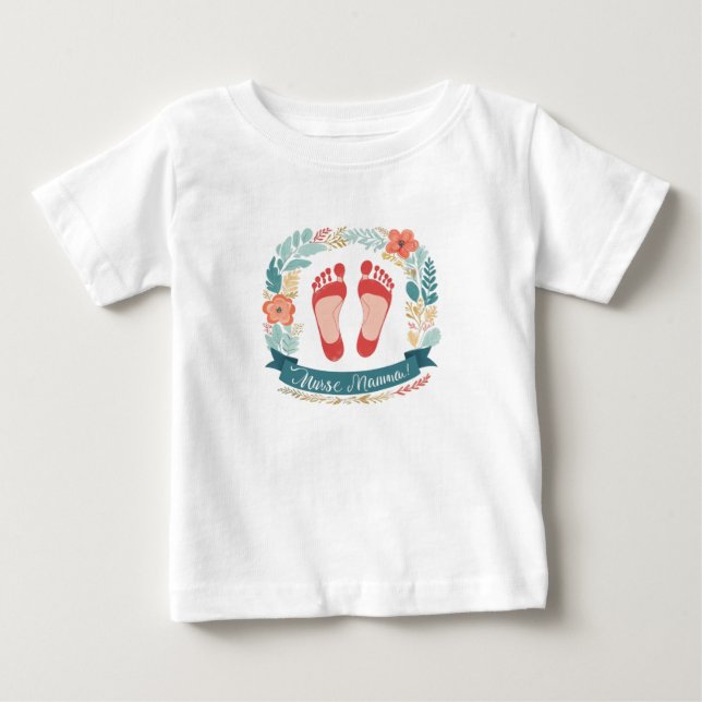 Nurse Mamma with Baby Footprints and Floral Frame T Shirt (Framsida)