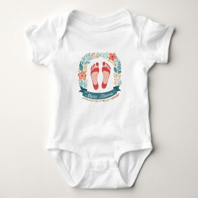 Nurse Mamma with Baby Footprints and Floral Frame T Shirt (Framsida)