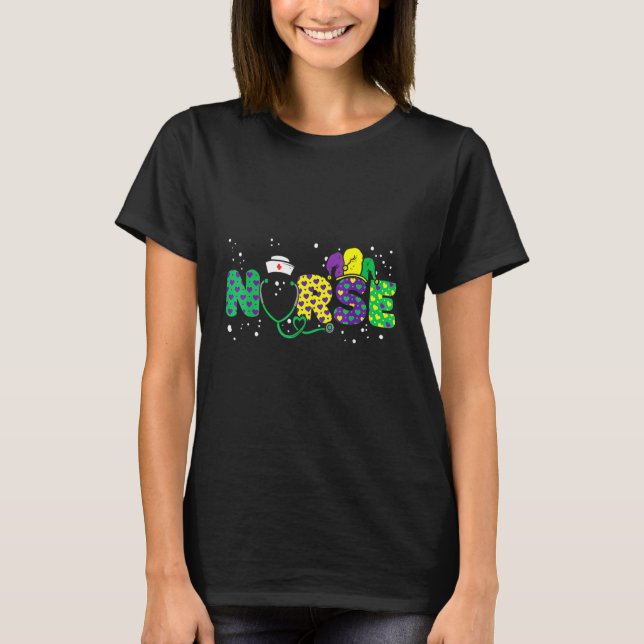 Nurse Mardi Gras Scrub Top RN ICU PACU NICU ER CNA T Shirt (Framsida)