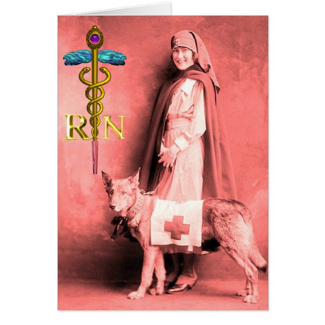 NURSE OCH RÄDDING HUND /Guld Caduceus RN Emblem Hälsningskort (Framsidan)