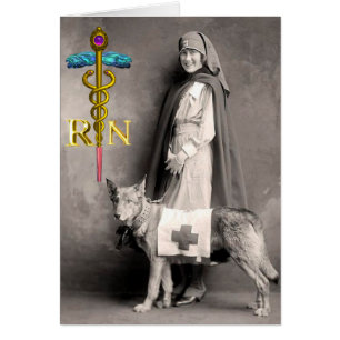 NURSE OCH RÄDDING HUND /Guld Caduceus RN Emblem Hälsningskort