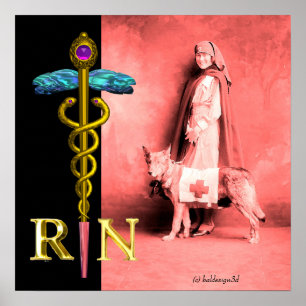 NURSE OCH RÄDDING HUND /Guld Caduceus RN Emblem Poster