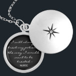 Nurse Quote Silver Locket Necklace Berlockhalsband<br><div class="desc">Nurse citat silver locket necklace är något som en sjuksköterska kan behålla och vårda för alltid. Alla sjuksköterskor kommer att kärlek detta vackra och motiverade halsband. "Jag kommer alltid att behandla mina patienter som jag skulle vilja bli behandlad - sjuksköterska." Silver är placerat och finns även på plats i sterling...</div>