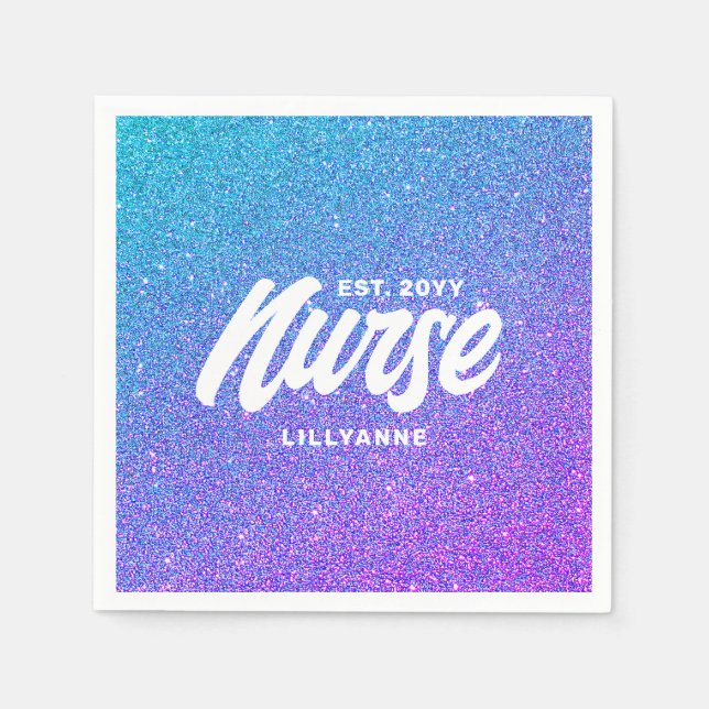 Nurse RN Blue Lila Glitter Studentfest Pappersservett (Framsidan)