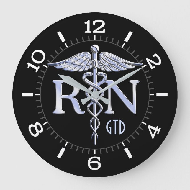 Nurse RN Caduceus Monogram Dial Stil på Black Stor Klocka (Framsida)