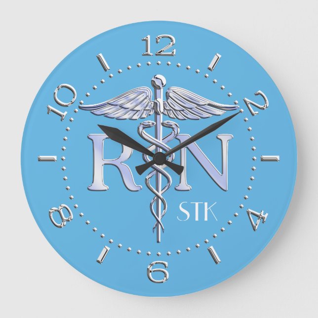 Nurse RN Caduceus Monogram Dial Stil på Blue Stor Klocka (Framsida)