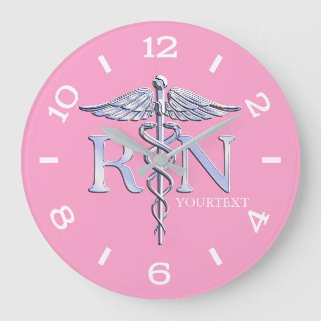Nurse RN Caduceus Monogram Dial Stil på Rosa Stor Klocka (Framsida)
