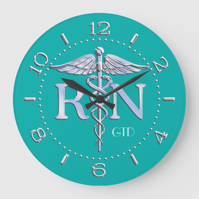 Nurse RN Caduceus Monogram Dial Stil på turkos Stor Klocka (Framsida)