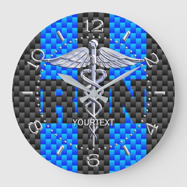 Nurse RN Caduceus Personlig Stil Blue Carbon Stor Klocka (Framsida)