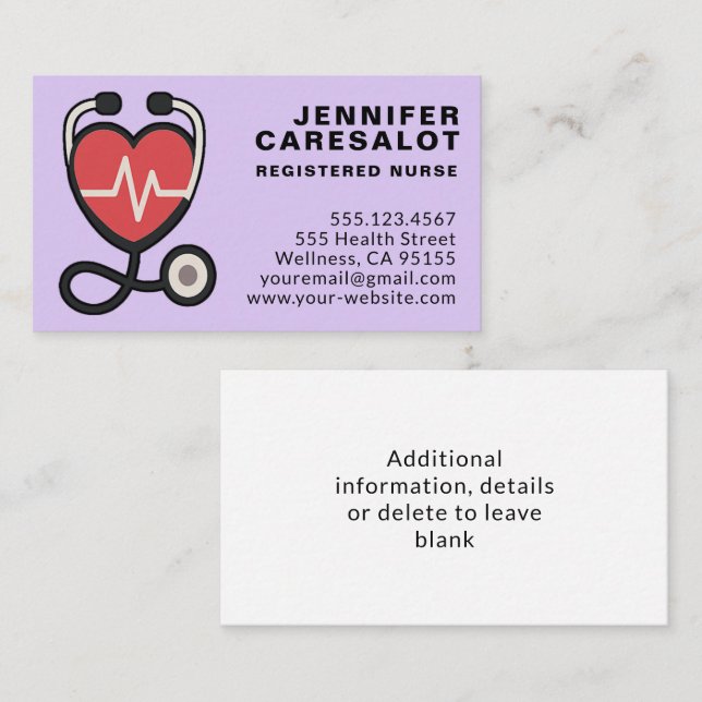 Nurse RN, LVN, LPN, Caretaker-Affärskort Visitkort (Fram/baksida)