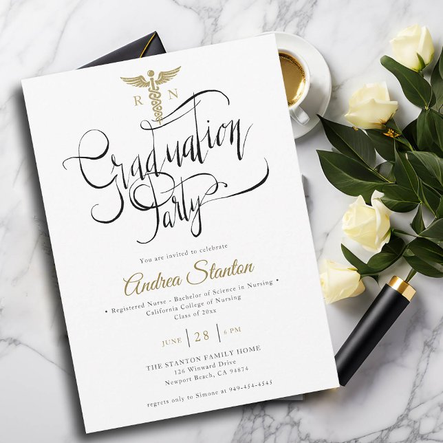 Nurse School Studenten Caduceum Brush Calligraphy Inbjudningar (nurse graduation party invitation gold caduceum brush calligraphy elegant classic modern black white)