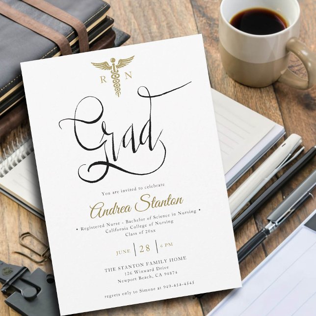 Nurse School Studenten Caduceum Grad Calligraphy Inbjudningar (nurse graduation party invitation gold caduceum grad calligraphy elegant classic modern black white)