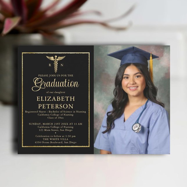 Nurse School Studenten Caduceum Guld Ram Black Inbjudningar (nursing school graduation gold caduceum frame contemporary modern photo nurse black elegant classy)