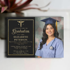Nurse School Studenten Caduceum Guld Ram Black Inbjudningar