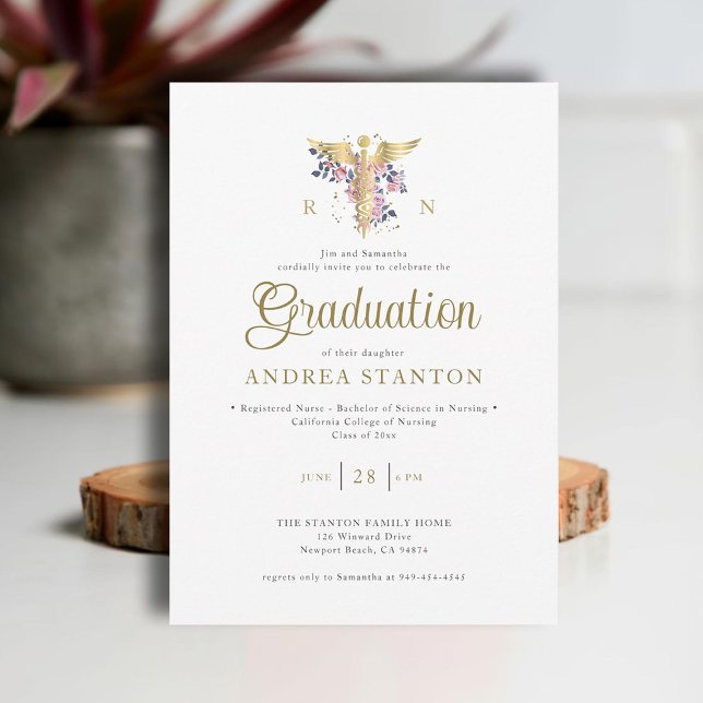 Nurse School Studenten Caduceum Ro Chic Modern Inbjudningar (nurse nursing school graduation gold caduceum contemporary modern elegant simple roses greenery)