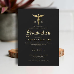Nurse School Studenten Guld Caduceum Modern Black Inbjudningar