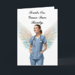Nurse Scrubs On Card Helgkort<br><div class="desc">A nurse standing confidently in scrubs with subtle translucent wings formed from soft watercolor brush strokes behind them,  symbolizing compassion and protection,  light hopeful tones.</div>