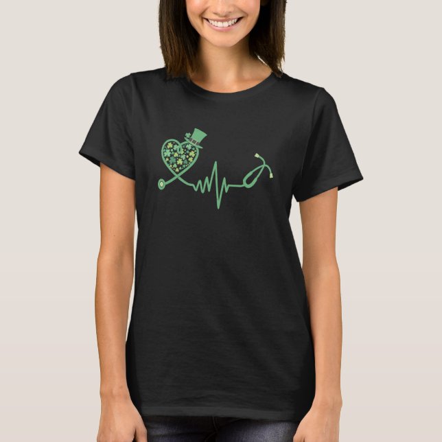 Nurse St Patrick's Day Stethoscope Heartbeat Heart T Shirt (Framsida)