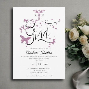 Nurse Studenten Lila Butterfly Grad Calligraphy Inbjudningar