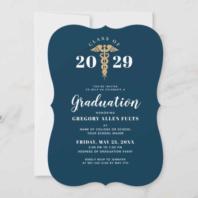 Nurse Studenten marinblått och Guld Caduceus Inbjudningar (Framsida)