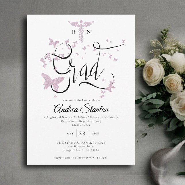 Nurse Studenten Rosa Butterflies Grad Calligraphy Inbjudningar (nurse graduation party invitation pink butterflies caduceum grad calligraphy elegant classic modern)