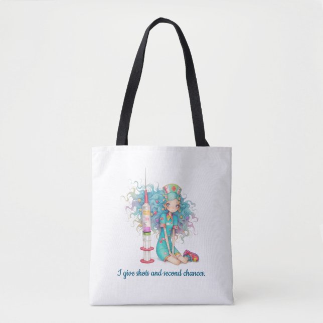 Nurse Tote Bag. I give shots and second chances. Tygkasse (Framsida)