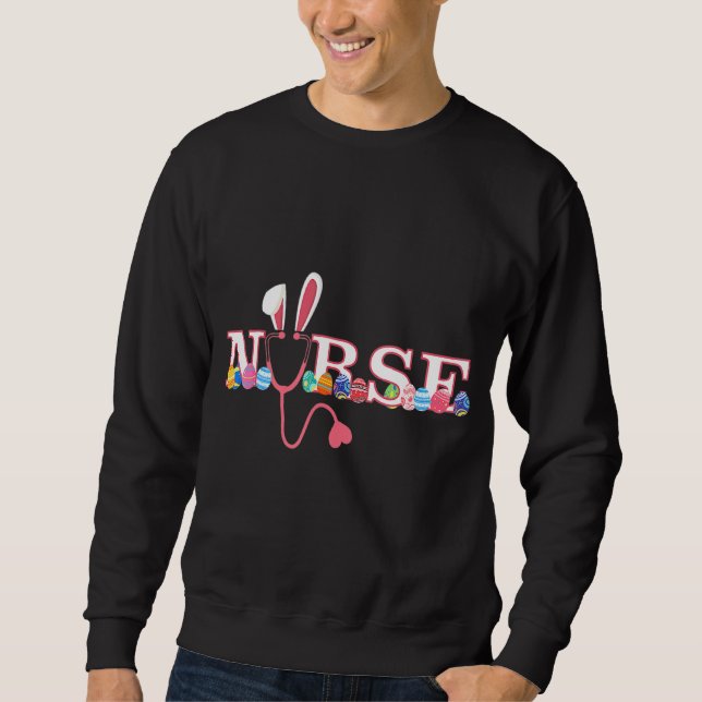 Nurselife Stethoscope SCrub Påsk Day Cute Bunny Lång Ärmad Tröja (Framsida)