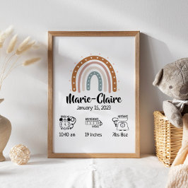 Nurserska vattenfärgsboho rainbow-födelsestatistik poster