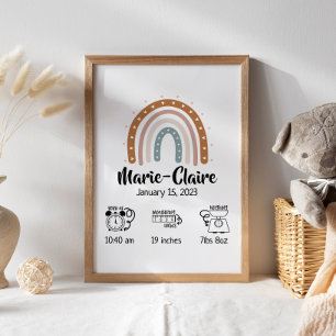 Nurserska vattenfärgsboho rainbow-födelsestatistik poster