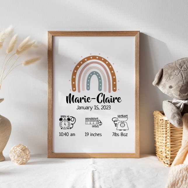 Nurserska vattenfärgsboho rainbow-födelsestatistik poster (Skapare uppladdad)