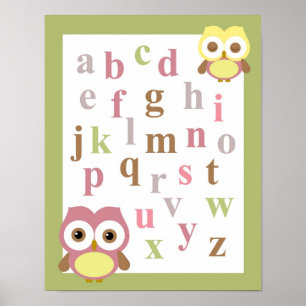 Nursery alphabet flicka uggla poster