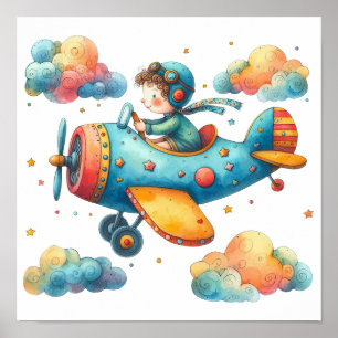 Nursery Art Poster barnflygande propellerflygplan