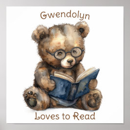 Nursery Art Poster Bear Reading a Bok Personalize