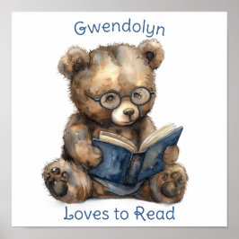 Nursery Art Poster Bear Reading a Bok Personalize