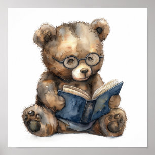 Nursery Art Poster Bear Reading med Eyeglasses