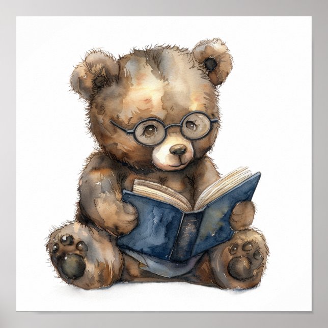 Nursery Art Poster Bear Reading med Eyeglasses (Framsidan)