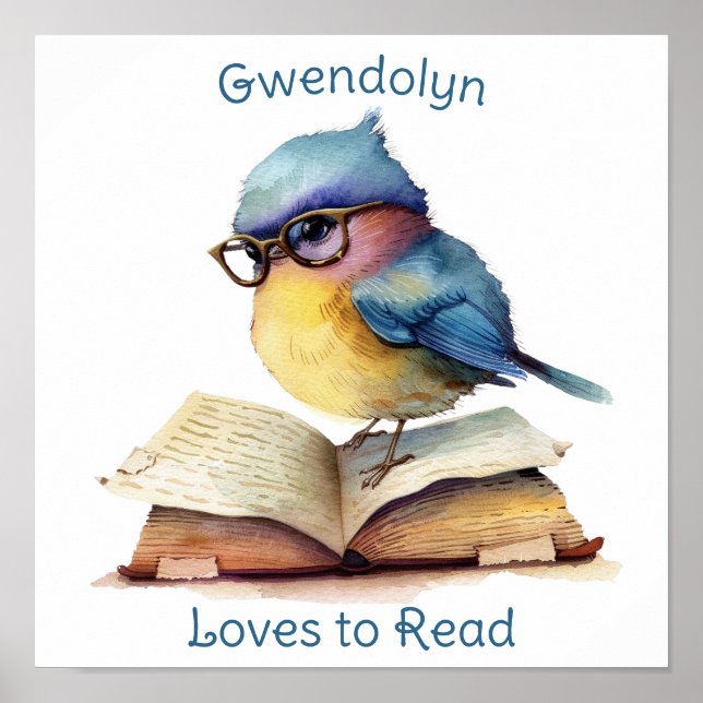 Nursery Art Poster Blue Bird Reading Personalize (Framsidan)